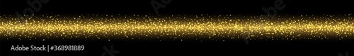 Golden sparkles, seamless yellow stardust, a line made of abstract luminous particles. Christmas ornament with flying glares and sparks, isolated on a dark backdrop. Vector illustration.
