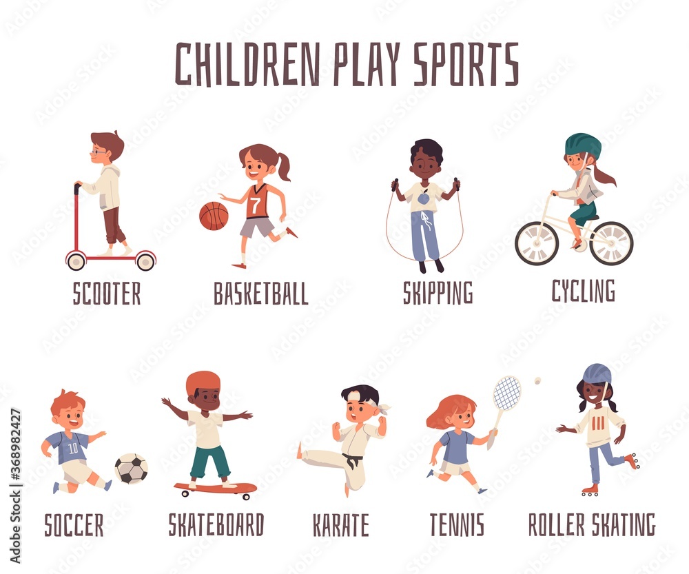 Vector banner with cartoon characters of sports children and equipment. Vector banner with cartoon characters of sports children and equipment.