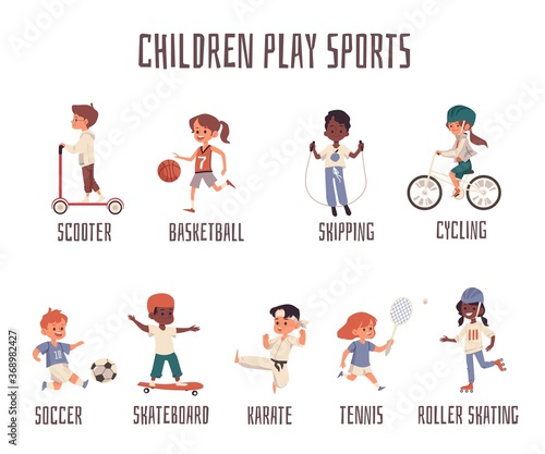 Vector banner with cartoon characters of sports children and equipment.