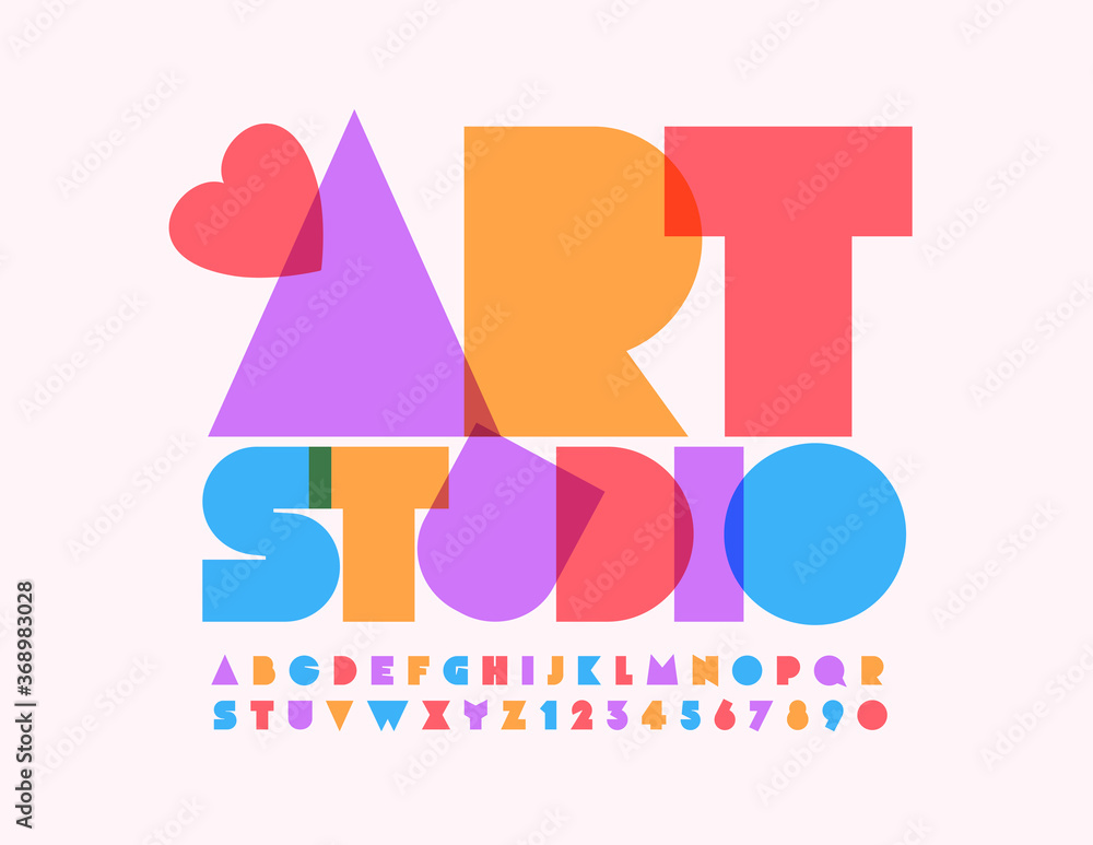 Vector logo Art Studio with decorative Heart. Abstract Colorful Font. Bright creative Alphabet Letters and Numbers Vector logo Art Studio with decorative Heart. Abstract Colorful Font. Bright creative Alphabet Letters and Numbers