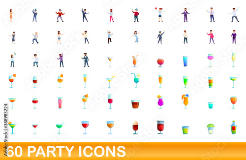 60 party icons set. Cartoon illustration of 60 party icons vector set isolated on white background