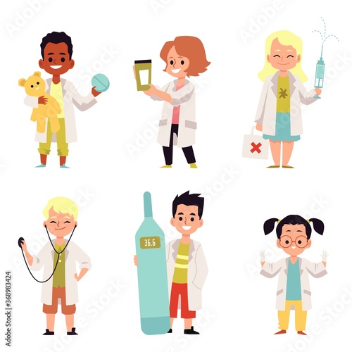 Doctors and nurses children characters set of flat vector illustration isolated.