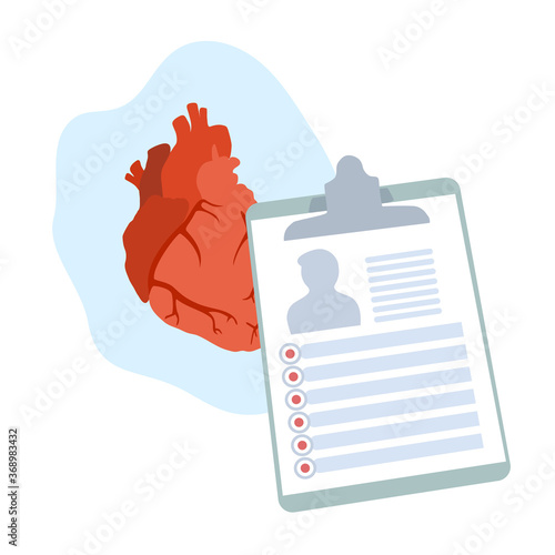 Human heart. Disease. Diagnosis, patiant card. Medical flat anatomy illustration.