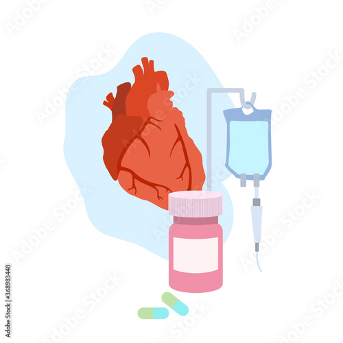 Human heart. Disease. Treatment, pills, bottle, drop counter, dropper. Medical flat anatomy illustration.