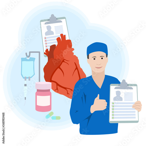 Human heart. Disease. Treatment, pills, bottle, drop counter, dropper. Smiling doctor with diagnosis, patiant card. Thumb up. Recovery. Medical flat anatomy illustration.