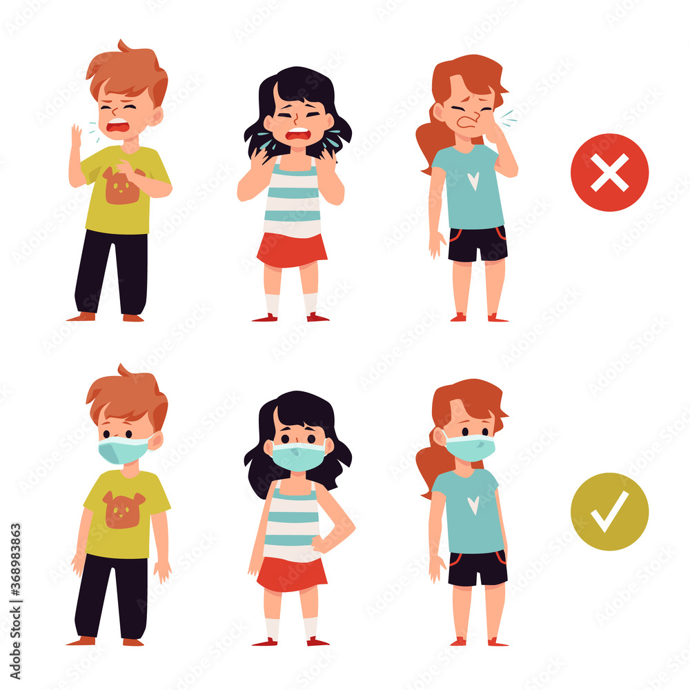 Vector set of characters of children with flu symptoms and wearing masks. Vector set of characters of children with flu symptoms and wearing masks.