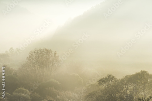 Beautiful misty morning dream valley mountain autumn fogy and clouds.