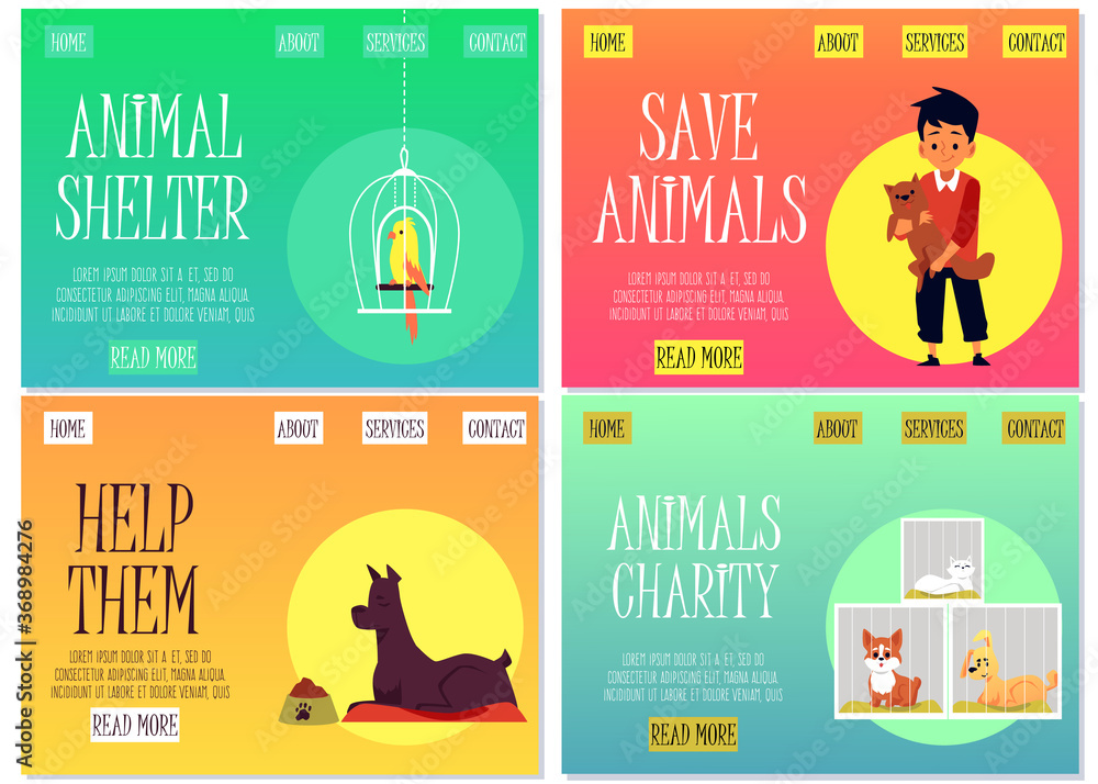 Set of websites of animal shelter and charity flat vector illustration.