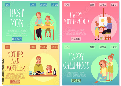 Set of site homepages for Mothers and Children day flat vector illustration.