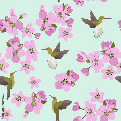 Seamless vector illustration with blooming cherry and birds