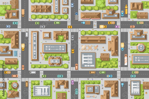 City top view. Streets, houses, buildings, roads, crossroads,  trees, cars. (view from above) 