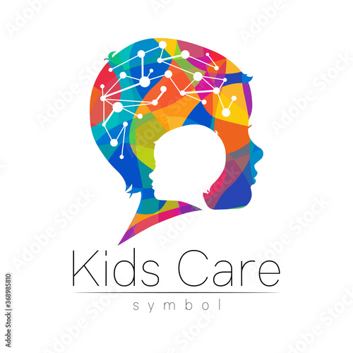 Child rainbow logotype in vector. Silhouette profile human head with brain. Concept logo for people, children, autism, kids, therapy, clinic, education. Template symbol modern design isolated on white
