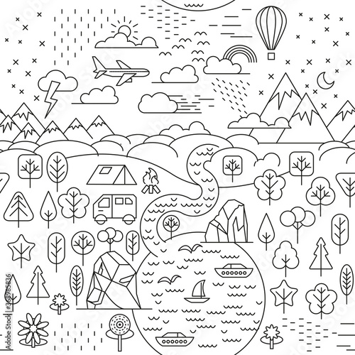 Seamless pattern. Tourism and outdoor recreation. Landscape in flat linear style. Mountains, hills, clouds, trees, camp, river. Nature, ecology and environment.
