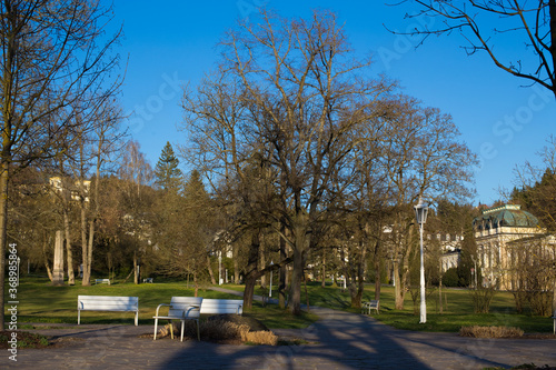 View of beautiful Park under clear blue sky in Mariánské Lázně - Marienbad, Czech republic, 11.4.2020