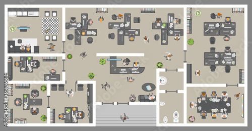 Office. Top view. People at work.
Office room, meeting room, reception, restroom, office furniture, cabinets, desks, chairs, computers. View from above.