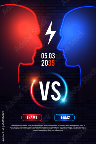 Versus. Sport competition template with men s heads silhouette and light. Team design.