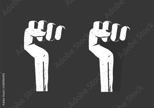 Revolution hand fist up as freedom power vector flat, propaganda rebel protest sign, radical strike concept, victory fight punch cartoon grunge black and white illustration, rights conflict aggressive