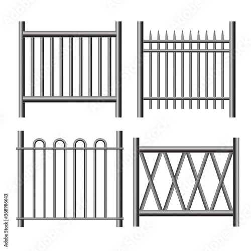 Realistic Detailed 3d Shiny Metal Railings Fence Set. Vector