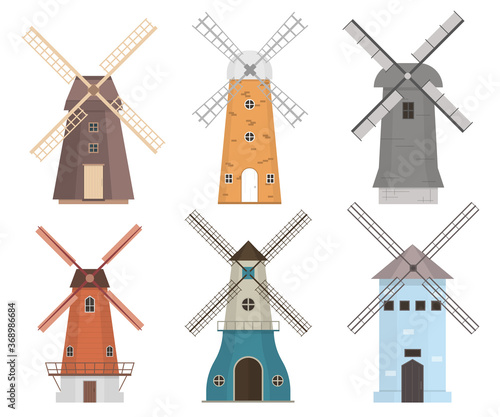 Cartoon Color Different Windmills Icons Set. Vector