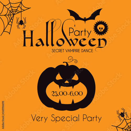 Halloween Party Silhuette Design Template with Pumpkin, Cobweb, Spider and Bat