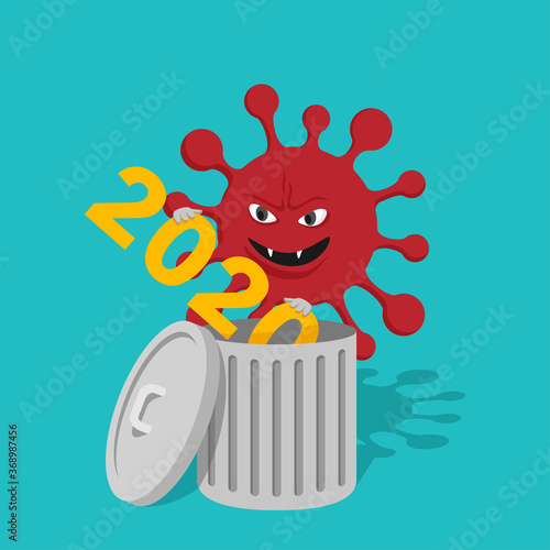 COVID-19 destroys 2020 concept - evil  grinning comic virus throws this year into thrash bin - vector illustration