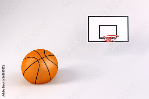 Close up of basketball and net hoop isolated on white background with copy space for text, concept image for outdoor and indoor sport or tournament. 3D rendering