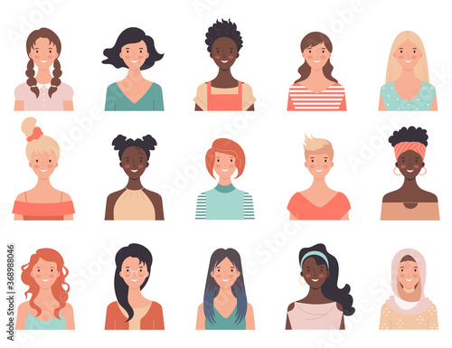Women avatar set. Multinational girls portrait with different hair style and clothes isolated on white background. Female faces and shoulders avatars. Hand drawn flat style vector icons set.