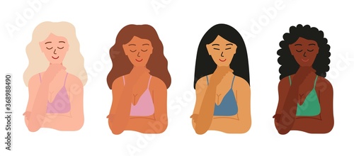 four girls with different skin color and nationality are smiling. Same pose. variety of female beauty. Long hair, colored underwear. Cartoon vector illustration isolated on white.