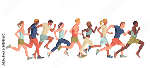 Marathon race group - flat modern vector concept. Running men and women vector illustration. 