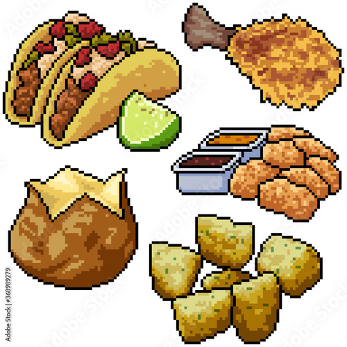pixel art set isolated junk food snack
