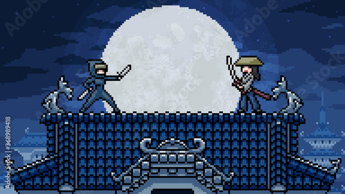 pixel art scene ninja samurai classic fight