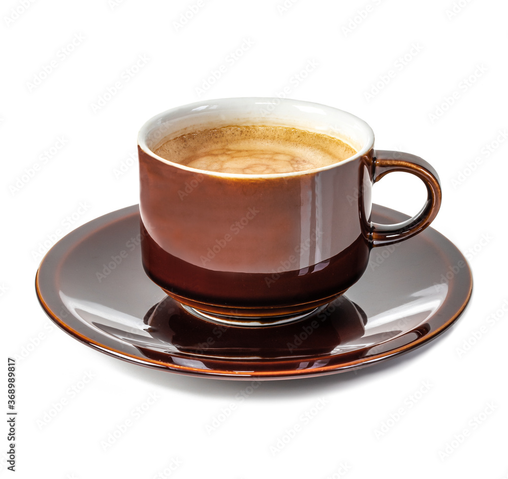 Brown antique cup of frothy coffee isolated on white. Brown antique cup of frothy coffee isolated on white.