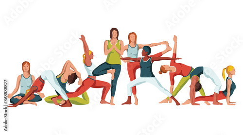 Yoga workout girl set. Women doing yoga exercises. Vector illustration