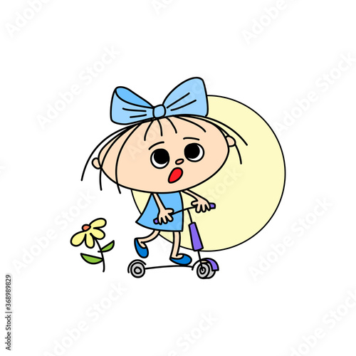 Cheerful girl with a scooter and flowers, hand-drawn cartoon © JMC