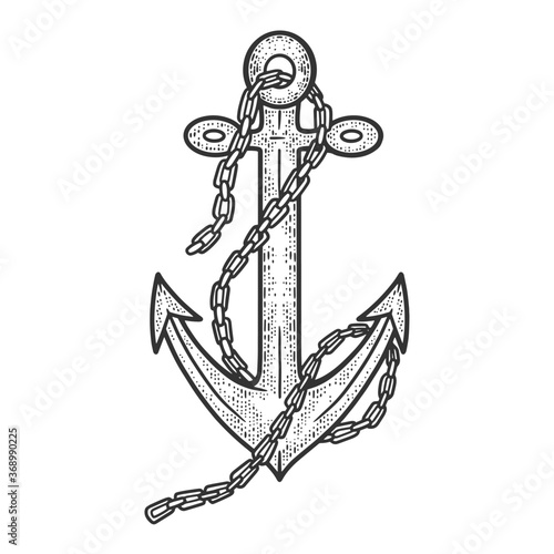 anchor with chain sketch engraving vector illustration. T-shirt apparel print design. Scratch board imitation. Black and white hand drawn image.