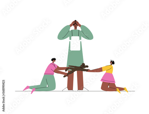 Mom is frustrated regarding children's quarrel. Boy and girl pull toy to one another. Frustrated and exhausted parents concept.