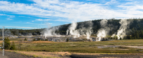 Steaming Geysers in the Upper geyser basin, Old Faithful area, Yellowstone National Park, Wyoming, USA