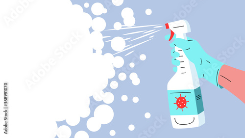 Hand with antiseptic spray. Vector illustration of a hand holding a sprinkler with antiviral disinfectant. Concept of quarantine, hygiene, and protection against coronavirus