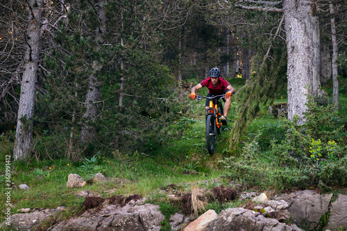 man doing a mountain bike downhill in a forest