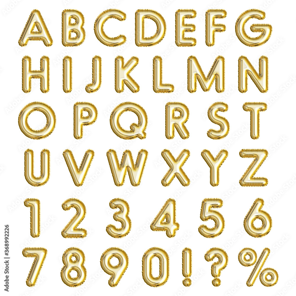 Golden inflatable balloons letters, numbers, exclamation, interrogative and percent sign, isolated on white background Golden inflatable balloons letters, numbers, exclamation, interrogative and percent sign, isolated on white background