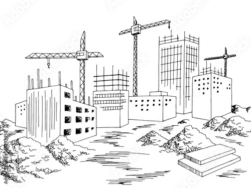 Construction city building exterior graphic black white cityscape skyline sketch illustration vector