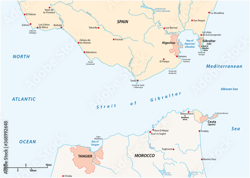 Strait of Gibraltar  waterway between Spain and Morocco vector map