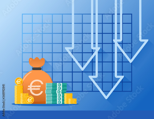 Euro Exchange Rate Stock Market Value Price Decrease Down Vector illustration Design. EU European Union, Euro-zone & Monetary Agreement Currency, Finance & Economy element. Can be Used for Infographic