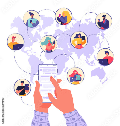 Mobile and Internet communications around the world. Friends in social networks, connection without borders. Hand with phone, chat on display. People with tablets, laptops and phones chat. 
