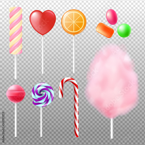 Realistic candy on stick set - colorful marmalade, dessert candy floss and cane