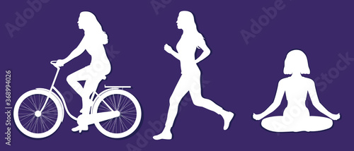 Set of silhouettes of women. Healthy lifestyle. Sport. Yoga. Paper cut effect. Woman on bike, running woman, woman doing yoga. Vector illustration