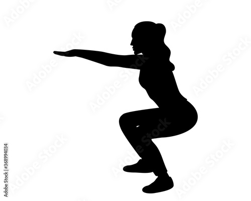 Silhouette of a woman doing squats. Physical exercises. Squats. Fitness. Vector illustration of a woman doing sports isolated on a white background