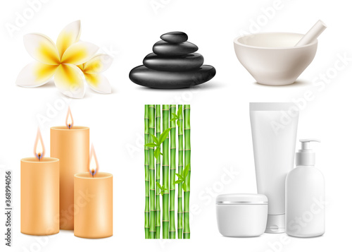 Spa set with candles and massage stones, realistic vector illustration isolated.