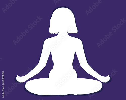 Silhouette of woman sitting in lotus position isolated on purple background. Yoga. Paper cut effect. Woman doing yoga. Meditation. Vector illustration