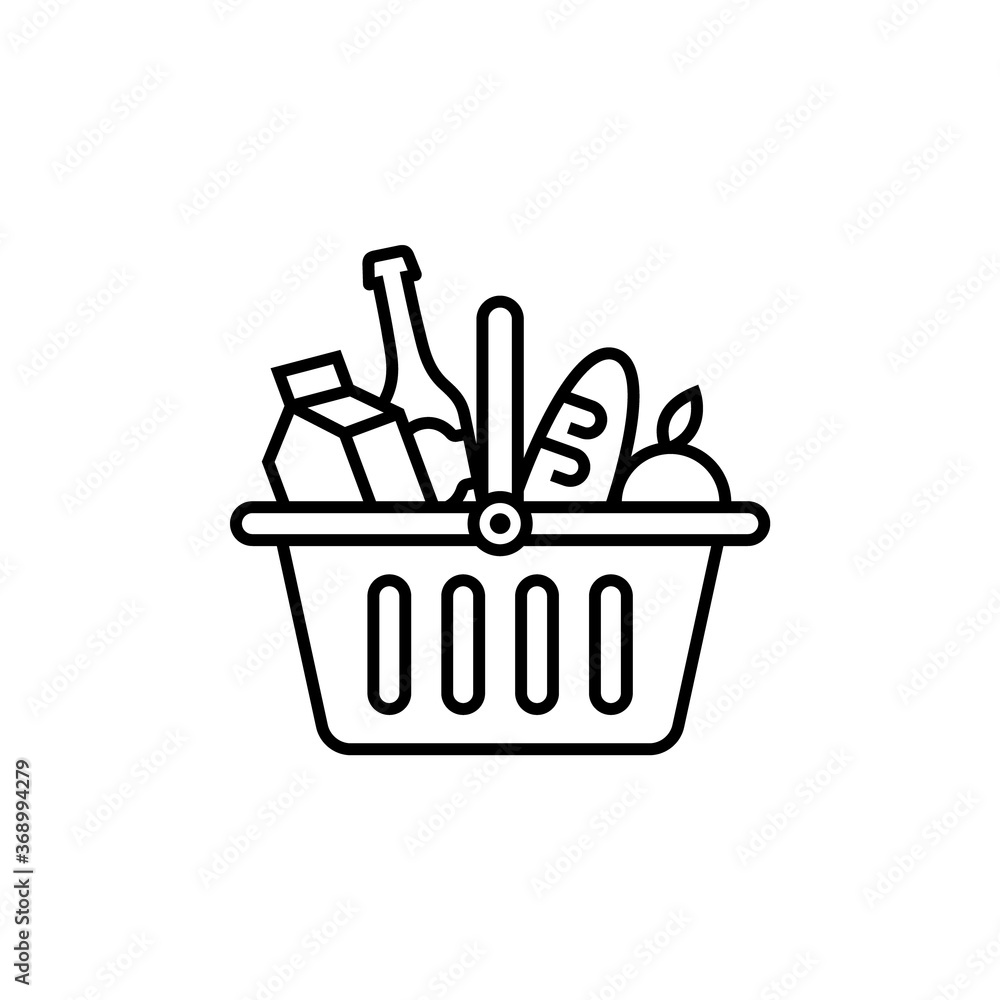 Shopping cart with groceries, vector linear icon. Shopping cart with groceries, vector linear icon.